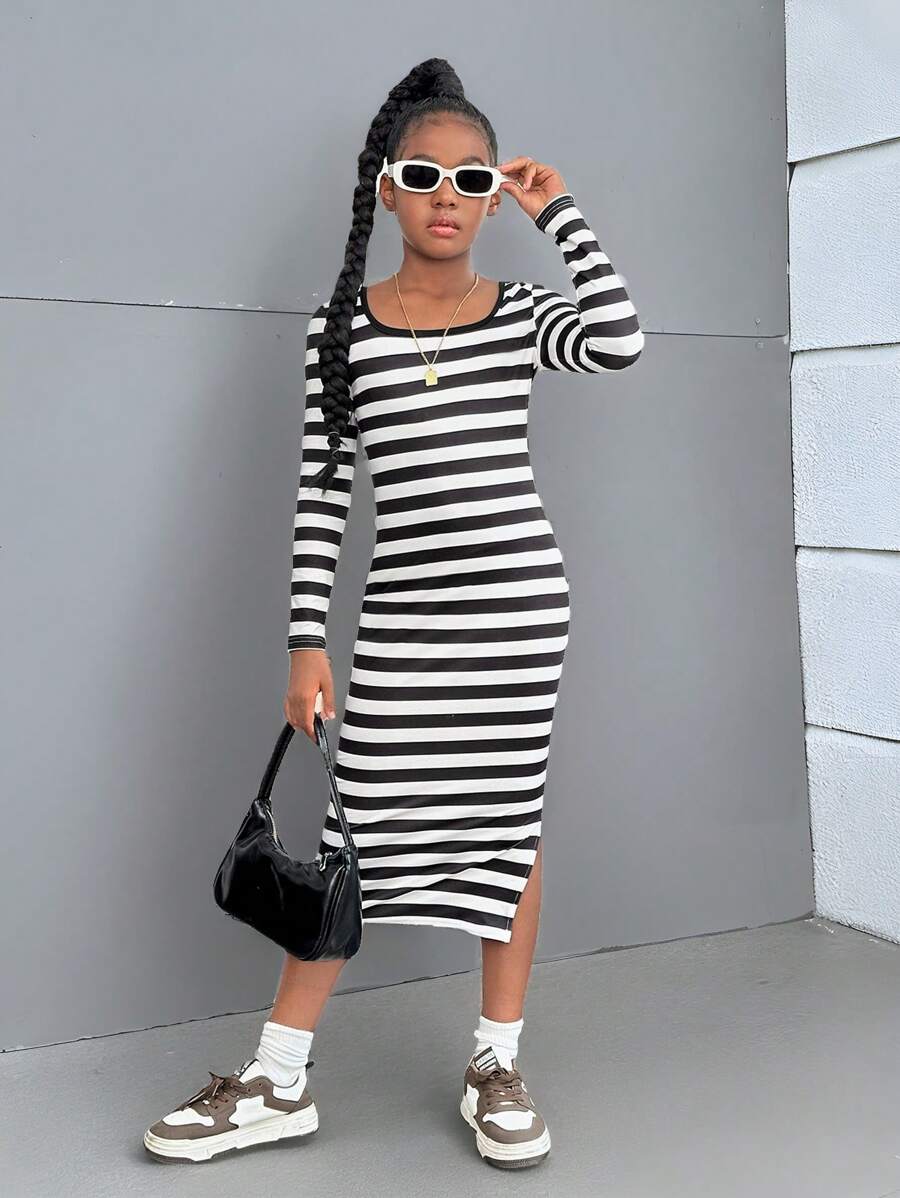 SHEIN Tween Girls' Sporty Chic Ribbed Striped Square Neck Dress