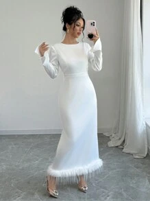 Chiquease 女士圆领拼色提花蝴蝶结腰连衣裙，秋季长款女装 - 白色 - 查看 1