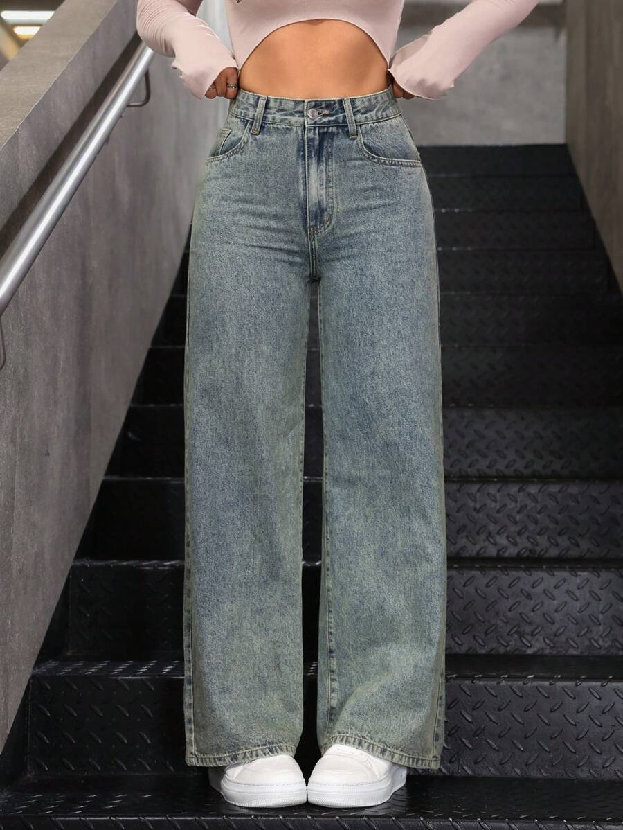 SHEIN ICON Casual Washed Straight-Leg Denim Jeans Y2k - Dark Wash - View 1