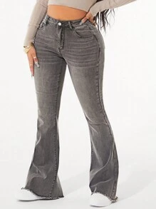 SHEIN SXY Casual Stone Washed Slim Flare Leg Jeans - Grey - View 3