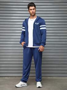 Manfinity Homme Men's Striped Eagle Print Zip-Front Hooded Sweatshirt And Pants Casual Tracksuit Spring & Autumn - Navy Blue - View 3
