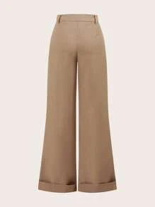 SHEIN BASICS Quần dài ống rộng dệt trơn đơn giản cho nữ - Màu be - Xem 2