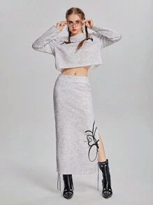 SHEIN 2 Stücke/Set Teenager Mädchen Sweatshirt mit Rundhalsausschnitt und Buchstabendruck, und Rock - Grau - Übersicht 3