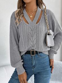 Autumn/Winter Casual Sexy V-Neck Hollow Out Cable Knit Lantern Sleeve Sweater