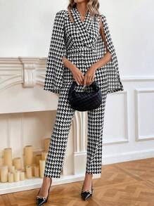 SHEIN Privé Damen lässiger Hahnentritt-Jumpsuit mit Bauschärmel und Schalkragen, Herbst - Verschiedenfarbig - Übersicht 6