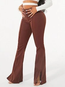 SHEIN SXY Jeans de pierna acampanada con botones, dobladillo dividido, unicolor