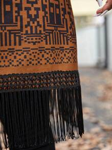 SHEIN LUNE Plus Size Women Geometric Pattern Lapel Collar Fringe Hem Overcoat, Fall Clothes, For Winter Autumn - Brown - View 8