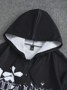 Manfinity Homme 2 件大码男士春秋字母和十字印花前拉链连帽衫运动衫和运动裤休闲运动服套装 - 黑與白 - 查看 6