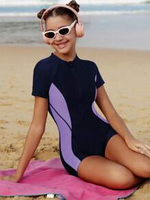 SHEIN 1 件青少年女孩连体防晒泳衣，半袖和方腿，夏季泳池/海滩