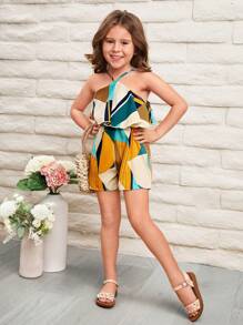 SHEIN Leap Crew 年輕女孩編織幾何圖案休閒節日掛脖連身褲 - 彩色 - 查看 1