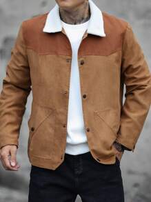 Manfinity Homme Men's Autumn/Winter Color Block Turndown Collar Single-Breasted Casual Jacket - Khaki - View 3