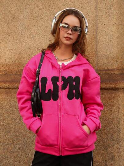 SHEIN 少女 2024 秋冬厚款保暖贴花星星字母装饰连帽夹克