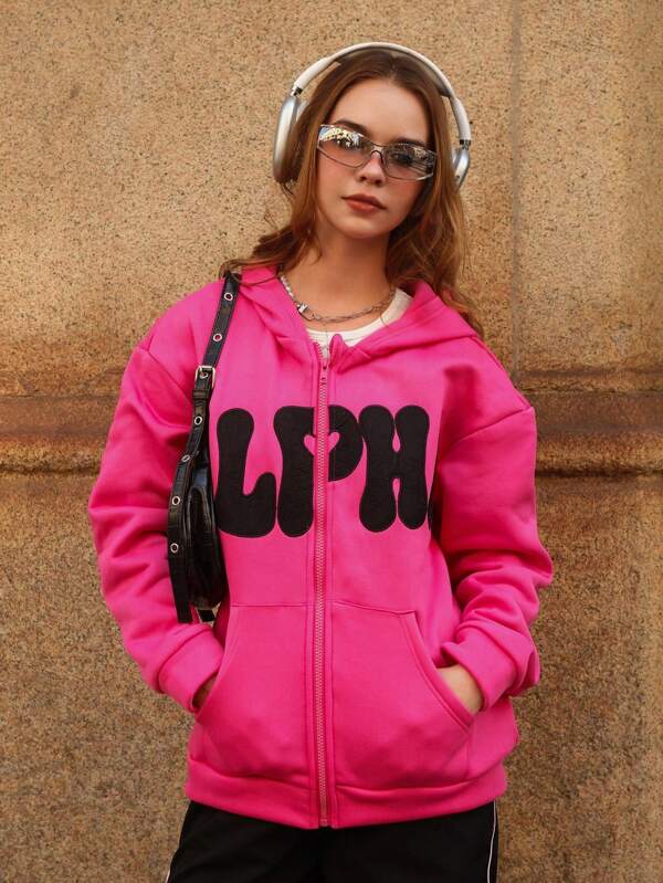 SHEIN Adolescentă 2024 Toamnă și Iarnă Gros, Cald Applique Stele și Litere Decorate Hanorac Jachetă