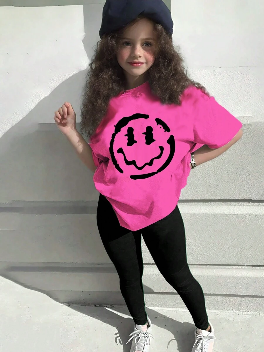 Sparklyn Tween Girl Casual Funny Smiling Face Graphic Print Short Sleeve T-Shirt And Leggings 2pcs Set, School, Campus, College - Multicolor - View 1
