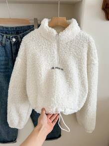 SHEIN Leap Crew Teen Girls White Stand Collar Zipper Thermal Lined Warm Pullover Sweatshirt,In Fall/Winter - White - View 4