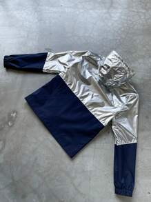 Manfinity EMRG Men's Color Block Hooded Long Sleeve Zipper Pocket Jacket, Outdoor Windbreaker - Silver - View 3