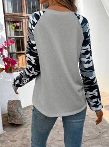 SHEIN LUNE 女士春秋季迷彩印花宽松插肩袖长袖休闲 T 恤 - 灰色 - 查看 2