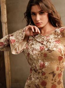 Anewsta Vestido largo de manga larga con estampado de rosa de terciopelo tipo sirena para mujeres, atuendo de mujer maxi