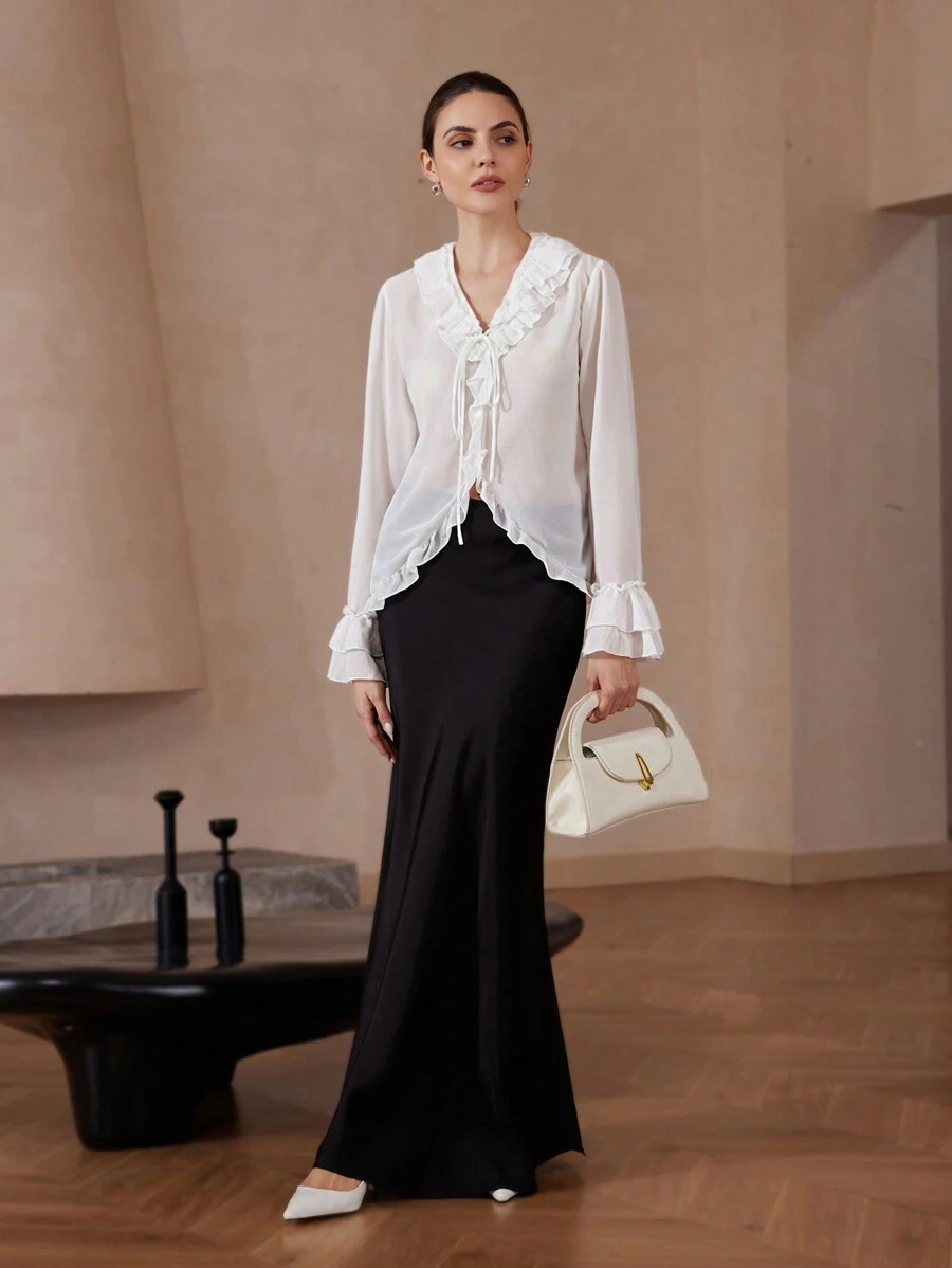 SHEIN Privé 女士 V 领系腰双荷叶边透明雪纺衬衫长袖防晒衬衫 - 彩色 - 查看 1