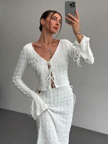 Aloruh Women's Elegant And Chic V Neck Tie Front Crop Top And Low Rise Low Waist Textured Skirt Two Pieces Set Long Sleeve Shirt With Skirt Sets Women Skirt Set Fall Women Skirts Casual Two Pieces Set Fall Two Pieces Sets - White - View 4