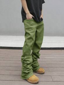 Manfinity Roghcode Men's Casual Washed Solid Color Flared Jeans