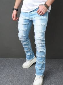 Manfinity Roghcode Men's Casual Denim Jeans With Pockets And Frayed Details - Blue - View 4