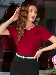 Vintamour Elegant Vintage Women's Knitted T-Shirt, Tee With 3D Floral Decor, Teacher Going Out Tops Business Casual Old Money Aesthetic Women Top, Thanksgiving Red Top Christmas Valentine Day Vacation Top Festival Outfits For Women Summer Holiday Outfits Casual Blouses For Women - Burgundy - View 4