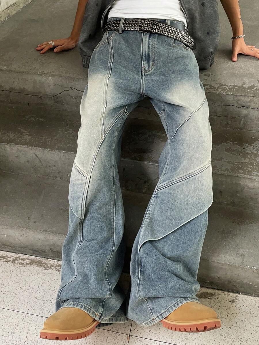 Manfinity EMRG 男士浅蓝色水洗复古做旧喇叭牛仔裤，男士阔腿牛仔裤，男士 Y2k 牛仔裤，男士喇叭牛仔裤，Y2k 男士阔腿牛仔裤