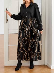 Plus Size Elegant Chain Printed Lantern Sleeve Pleated Hem Dress