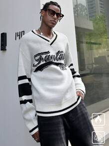 Manfinity EMRG Suéter cómodo y oversize de manga larga con diseño de rayas, impresión de letras y números, y cuello en V para hombres - Multicolor - Ver 4