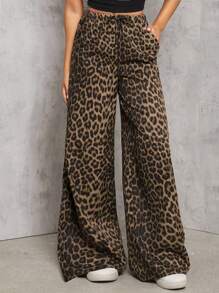 SHEIN PETITE Casual Street Leopard Print Loose Straight Wide Leg Trousers , Palazzo Pants Cheetah Pantscheetah Print Pantsleopard Pantsleopard Print Pants