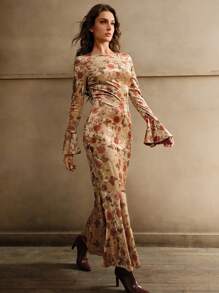 Anewsta Vestido largo de manga larga con estampado de rosa de terciopelo tipo sirena para mujeres, atuendo de mujer maxi