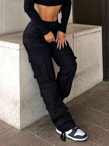 NVFelix 女士高腰修身性感直筒工装裤，弹力面料，带翻盖口袋，优雅休闲Y2K街头风，适合春夏穿着 - 黑色 - 查看 2