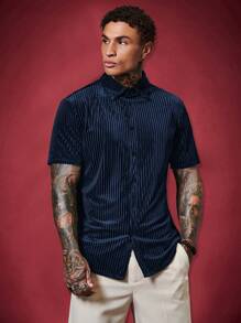 GENTILAND Men's Casual Short Sleeve Shirt For Summer - Navy Blue - View 4