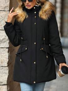 SHEIN Clasi Winter Warm Hooded Patchwork Fluffy Pocket Padded Coat Winter Women Jacket - Black - View 6