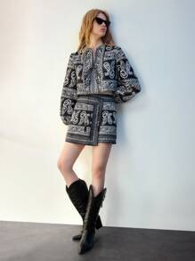 Maija Damen Rock mit A-Linie, Tunnelzugband in der Taille, schwarz-weißes Muster, modisch-lässiger Frühlingsurlaubsartikel - Schwarz - Übersicht 8