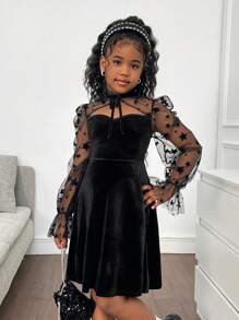 SHEIN Tween Girls Luxurious Velvet & Mesh Splice, Star Embroidered Hollow Waist Party Dress, For Party, Halloween