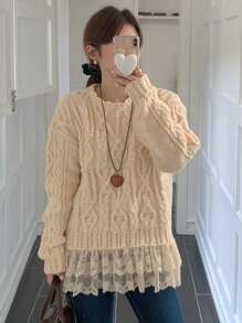 DAZY 女式圆领蕾丝拼布纯色麻花针织扭纹长袖毛衣，秋季女装 - 杏色 - 查看 6