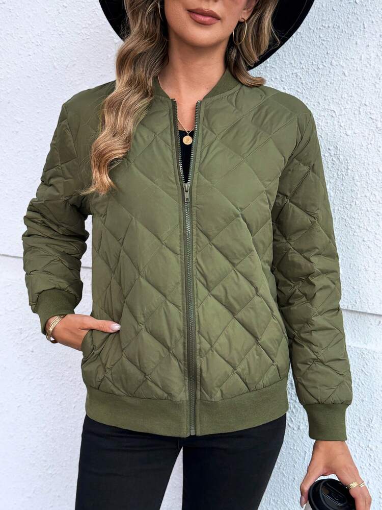 Women's Solid Color Long Sleeve Zip Front Baseball Collar Casual Down& Feathers Jacket