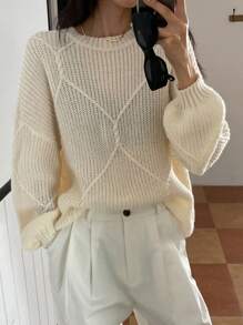 DAZY Women's Loose Fit Round Neck Solid Color Plaid Textured Sweater Fall - White - View 10