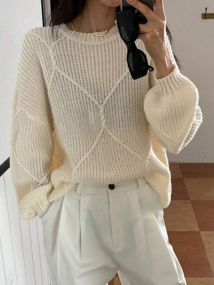 Women's Loose Fit Round Neck Solid Color Plaid Textured Sweater Fall