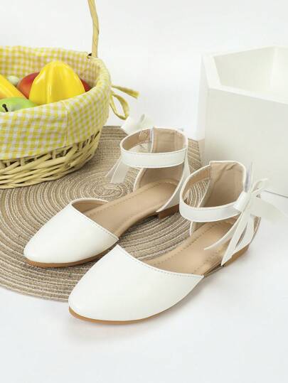 New Autumn Plus Size Girls Bow Decor Ankle Strap Flat Shoes, Teenagers School Outdoor Casual Shoes, White Flats