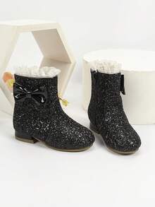 女童可爱高跟靴，保暖防滑软底冬季儿童靴 - 黑色 - 查看 3