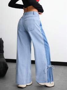 SHEIN EZwear 女式宽松口袋阔腿休闲牛仔裤 - 淺色水洗藍 - 查看 2