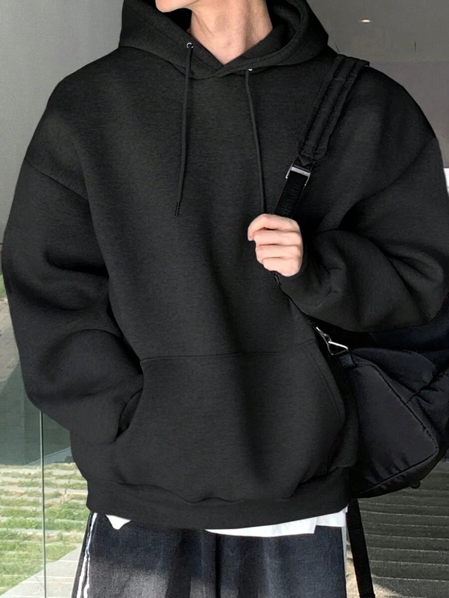 DAZY 男士纯色羊毛连帽衫，秋冬 - 黑色 - 查看 1