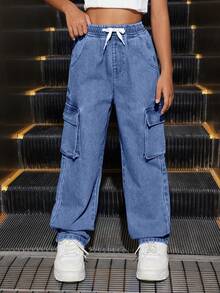 SHEIN Tween Girl Cool Distressed Denim Pencil Case & Pants Set Summer Holiday - Medium Wash - View 4