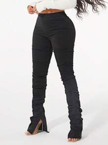 SHEIN SXY Jean skinny fendu avec fronces, couleur unie - Noir - Voir 5
