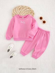 Cozy Pixies 2 件装女婴字母刺绣落肩运动衫和锥形裤套装，秋装 - 粉色 - 查看 6