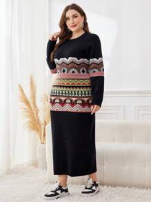 Mulvari 大码圆领数码印花长袖毛衣裙，冬季 - 彩色 - 查看 5