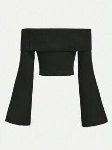 SHEIN Girlism 少女露肩喇叭袖短款针织毛衣，秋冬款 - 黑色 - 查看 2